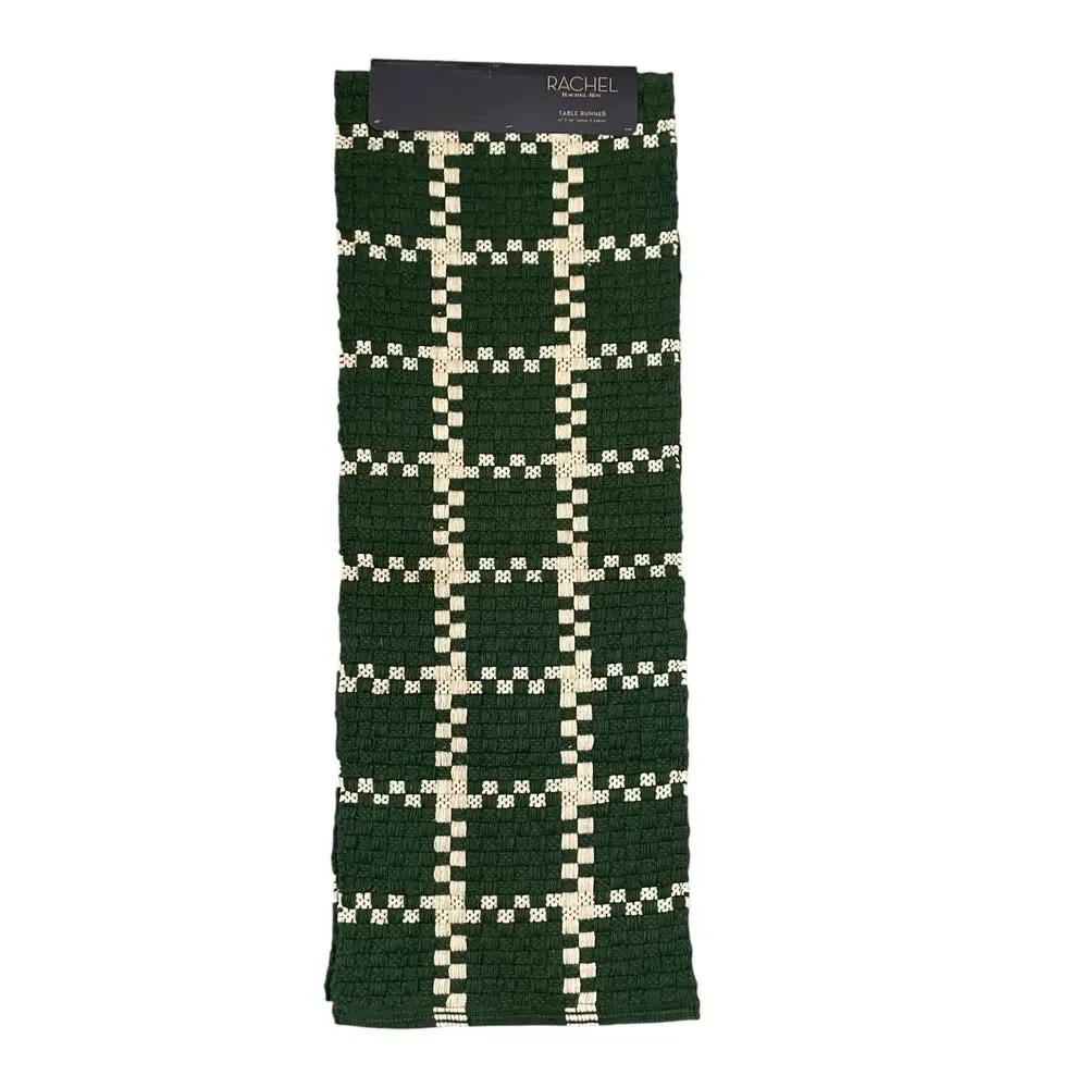 Rachel Roy Checkered Jute Table Runner 16x90 Christmas Holiday Green Cream New